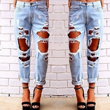 Load image into Gallery viewer, Boyfriend hole ripped jeans women pants Cool denim vintage straight jeans for girl Mid waist casual pants female