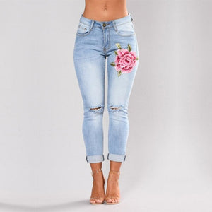 Women Stretch High Waist Skinny Embroidery Jeans Without Ripped Woman Floral Holes Denim Pants Trousers Women Jeans Pencil Pants