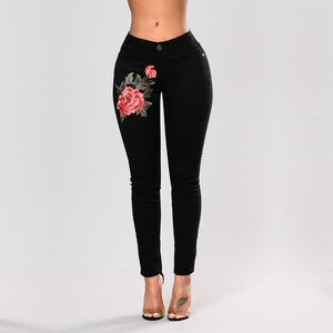 Women Stretch High Waist Skinny Embroidery Jeans Without Ripped Woman Floral Holes Denim Pants Trousers Women Jeans Pencil Pants