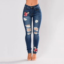 Load image into Gallery viewer, Women Stretch High Waist Skinny Embroidery Jeans Without Ripped Woman Floral Holes Denim Pants Trousers Women Jeans Pencil Pants