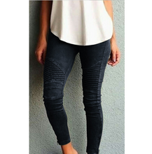 Load image into Gallery viewer, Europe America Moto Biker Jeans Women Cotton Washed Vintage Pleated Pencil Pants Femme Zipper High Elasticity Skinny Trousers