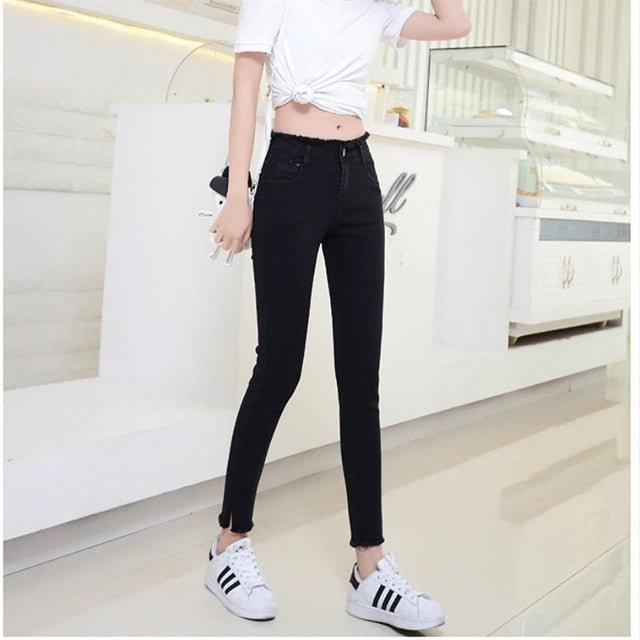 2018 Summer Women Ankle-Length Black Jeans Students High Waist Stretch Skinny Female Tassel Pencil Pants Denim Ladies Trousers