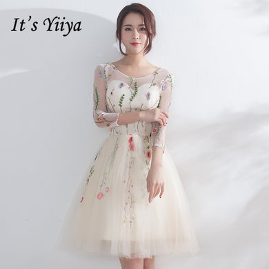 It's YiiYa Luxury Champagne Three Quarter Sleeve Floral Print Lace Cocktail Dress Knee- Length Formal Dress Party Gown LX187