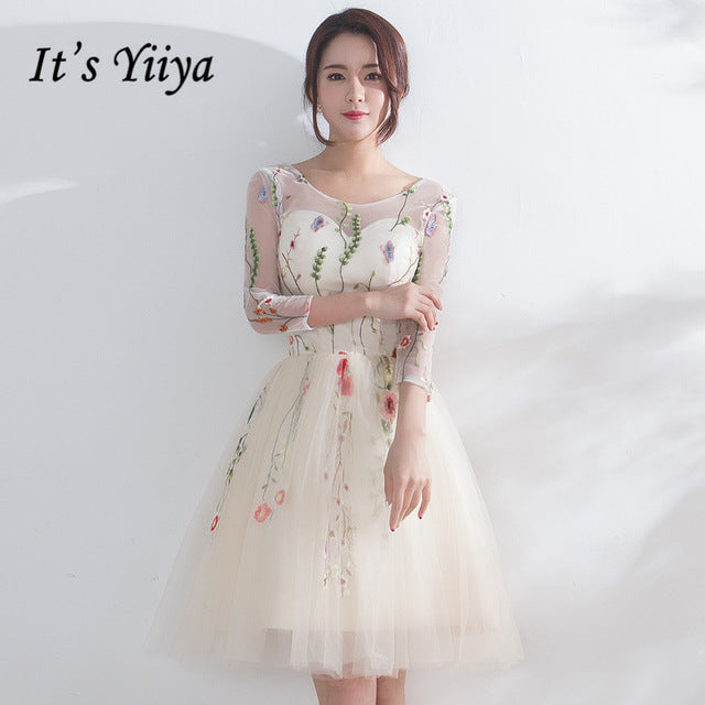It's YiiYa Luxury Champagne Three Quarter Sleeve Floral Print Lace Cocktail Dress Knee- Length Formal Dress Party Gown LX187