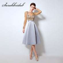 Load image into Gallery viewer, Champagne Cocktail Dresses with Long Sleeves hot Knee Length Short Satin Vestidos Plus Size Sexy Women Party Evening Gown LX015