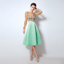 Load image into Gallery viewer, Champagne Cocktail Dresses with Long Sleeves hot Knee Length Short Satin Vestidos Plus Size Sexy Women Party Evening Gown LX015