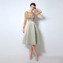 Load image into Gallery viewer, Champagne Cocktail Dresses with Long Sleeves hot Knee Length Short Satin Vestidos Plus Size Sexy Women Party Evening Gown LX015