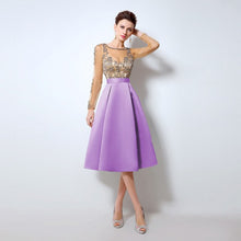 Load image into Gallery viewer, Champagne Cocktail Dresses with Long Sleeves hot Knee Length Short Satin Vestidos Plus Size Sexy Women Party Evening Gown LX015