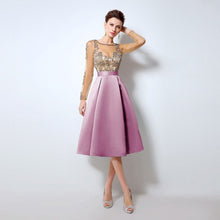 Load image into Gallery viewer, Champagne Cocktail Dresses with Long Sleeves hot Knee Length Short Satin Vestidos Plus Size Sexy Women Party Evening Gown LX015