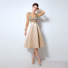 Load image into Gallery viewer, Champagne Cocktail Dresses with Long Sleeves hot Knee Length Short Satin Vestidos Plus Size Sexy Women Party Evening Gown LX015