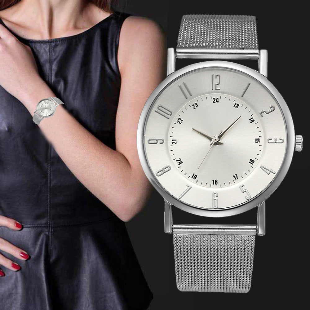 Relogio Sliver Stainless Steel Watches Women Classic Metal Mesh Band Quartz Wrist Watch Ladies Business Clock Simple Watches #Ju