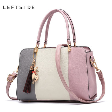 LEFTSIDE 2018 Summer Women Hit color Leather Handbags Casual Tote bags Crossbody Bag Top-handle bag With Tassel And Cat Pendant