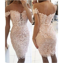 Load image into Gallery viewer, Champagne 2018 Elegant Cocktail Dresses Sheath Off The Shoulder Short Mini Lace Beaded Party Plus Size Homecoming Dresses