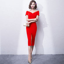 Load image into Gallery viewer, V-neck Off The Shoulder Tea-Length Black Cocktail Party Dresses Sexy Slit Mermaid Semi Formal Dresses With Short Sleeves