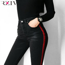 Load image into Gallery viewer, RZIV 2018 jeans woman casual stretch denim solid color stitching waist black jeans and skinny jeans trouser