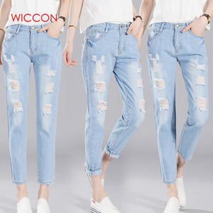 WICCON Ripped Elastic Waist Women Jeans Casual High Waist Hole Streetwear Denim Pants Femme Boyfriend Jeans Women distressed