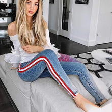 Load image into Gallery viewer, Ankle-Length High Waist Jeans Woman Side Striped Patchwork Skinny Jeans All Matched Casual Pants Brief Slim Winter Boots Jeans