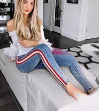 Load image into Gallery viewer, Ankle-Length High Waist Jeans Woman Side Striped Patchwork Skinny Jeans All Matched Casual Pants Brief Slim Winter Boots Jeans